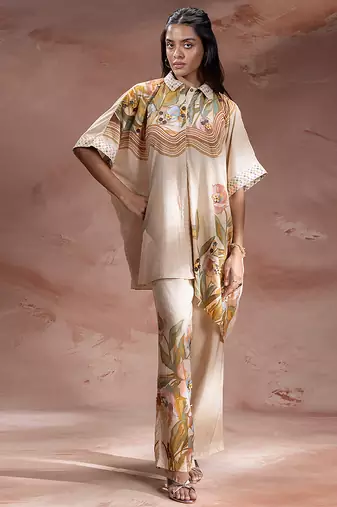 Beige embroidered chanderi co ord set
