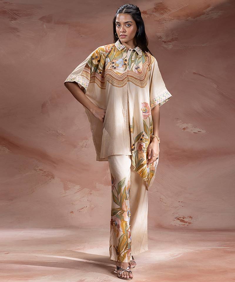 Beige embroidered chanderi co ord set