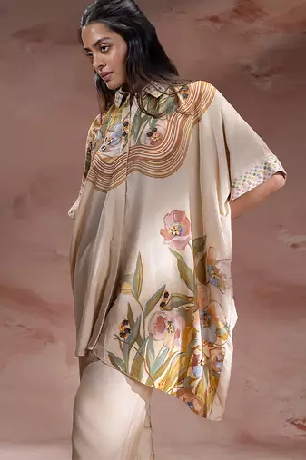 Beige embroidered chanderi co ord set