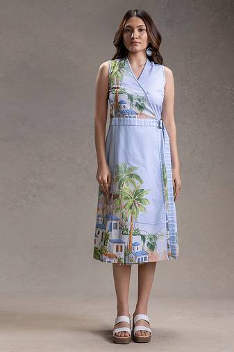 Blue printed twill cotton dress