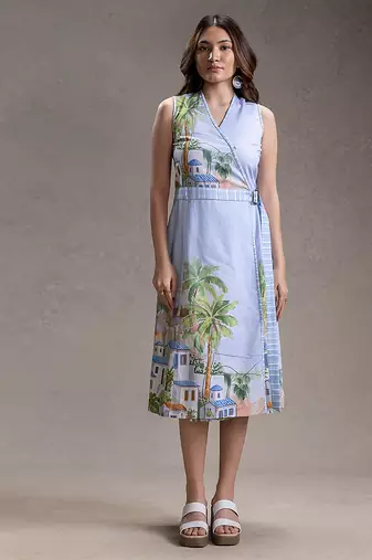Blue printed twill cotton dress