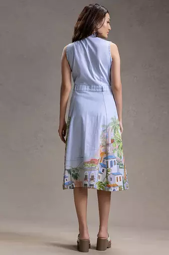 Blue printed twill cotton dress