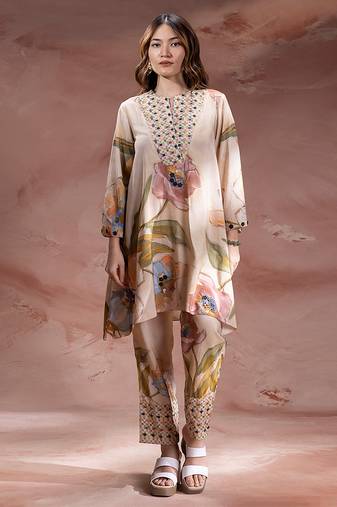 Beige embroidered chanderi co ord set