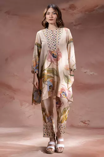 Beige embroidered chanderi co ord set