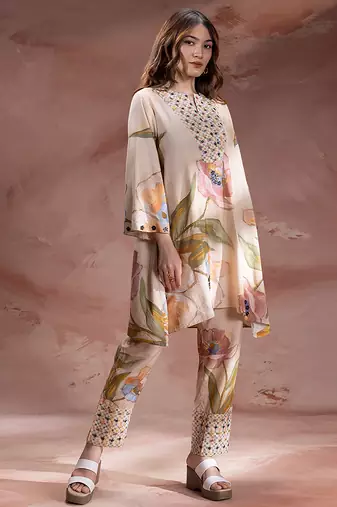 Beige embroidered chanderi co ord set