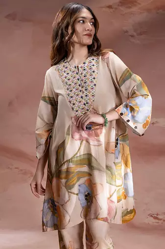 Beige embroidered chanderi co ord set