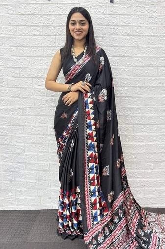 Black Color Mirror Work Satin Silk Saree
