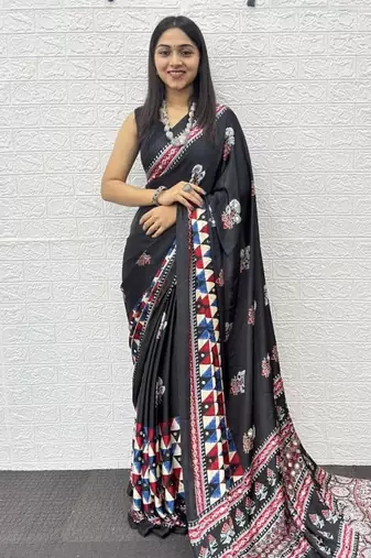 Black Color Mirror Work Satin Silk Saree