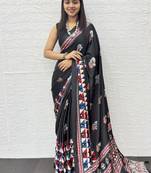 Black Color Mirror Work Satin Silk Saree