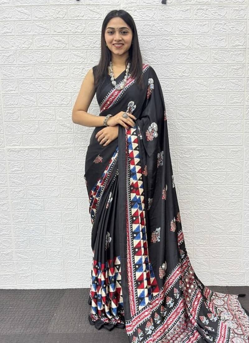 Black Color Mirror Work Satin Silk Saree