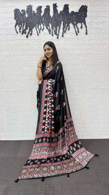 Black Color Mirror Work Satin Silk Saree 2