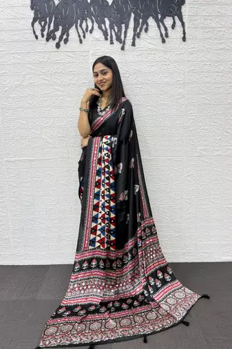 Black Color Mirror Work Satin Silk Saree