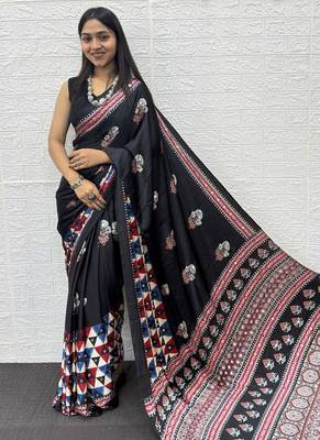 Black Color Mirror Work Satin Silk Saree 3