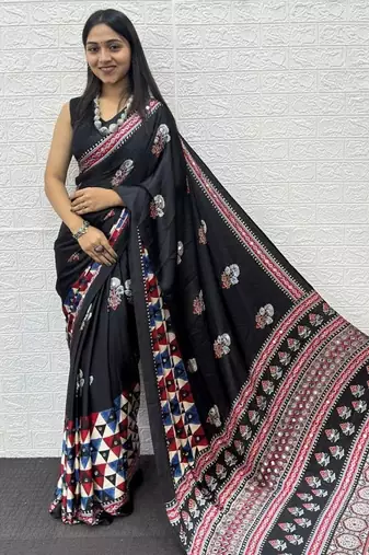 Black Color Mirror Work Satin Silk Saree