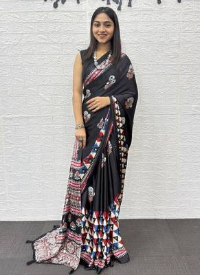 Black Color Mirror Work Satin Silk Saree 4