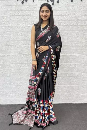 Black Color Mirror Work Satin Silk Saree
