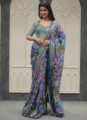 Multi Color Gold Zari And Hand Real Mirror Work Chinnon Saree 1