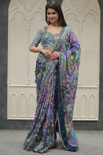 Multi Color Gold Zari And Hand Real Mirror Work Chinnon Saree