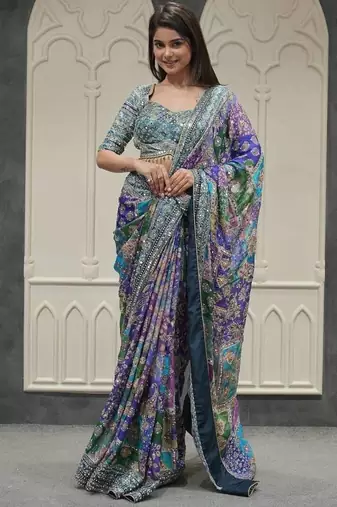 Multi Color Gold Zari And Hand Real Mirror Work Chinnon Saree