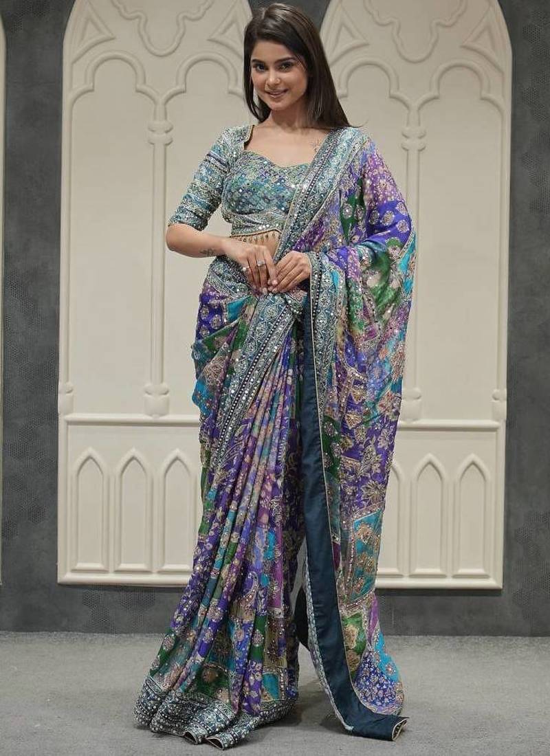 Multi Color Gold Zari And Hand Real Mirror Work Chinnon Saree