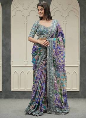 Multi Color Gold Zari And Hand Real Mirror Work Chinnon Saree 2
