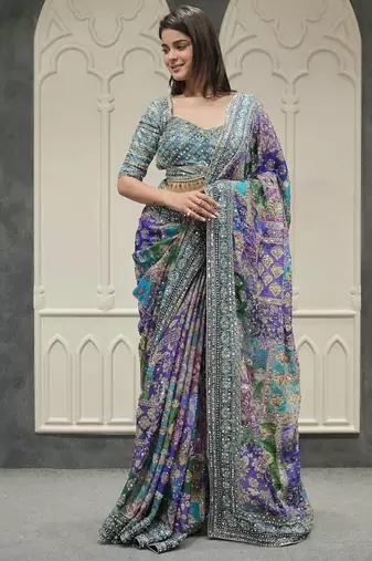Multi Color Gold Zari And Hand Real Mirror Work Chinnon Saree
