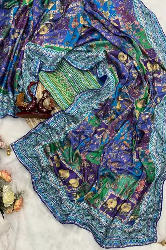 Multi Color Gold Zari And Hand Real Mirror Work Chinnon Saree