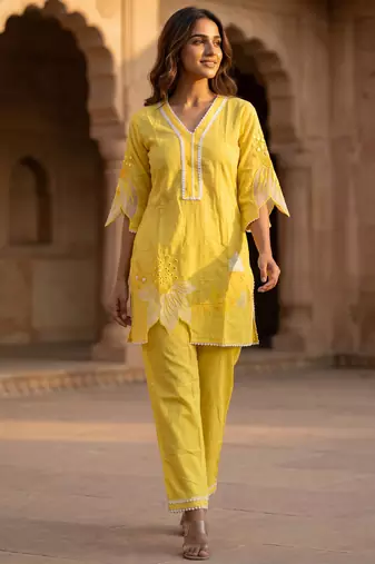 Yellow embroidered rayon kurta and pant set