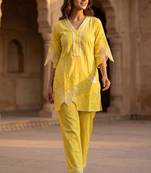 Yellow embroidered rayon kurta and pant set
