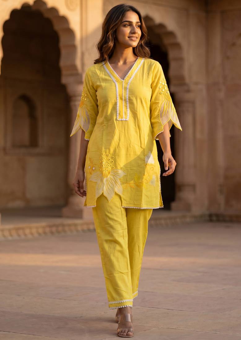 Yellow embroidered rayon kurta and pant set