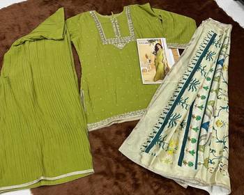 Green chinon embroidered sequins palazzo suit - full stitched free size 3