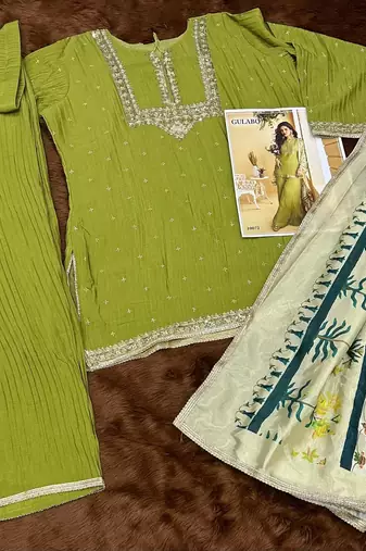 Green chinon embroidered sequins palazzo suit - full stitched free size