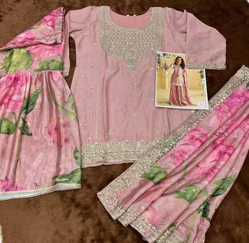 Pink Chinon embroidered sequins Sharara suit - Full stitched free size 4