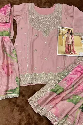Pink Chinon embroidered sequins Sharara suit - Full stitched free size
