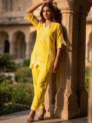 Yellow embroidered rayon kurta and pant set 2