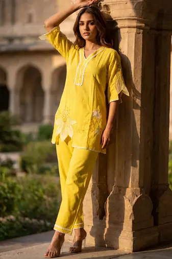 Yellow embroidered rayon kurta and pant set