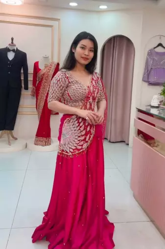 rani pink moti crep ready to wear saree