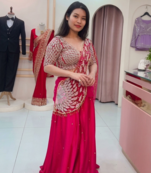 rani pink moti crep ready to wear saree