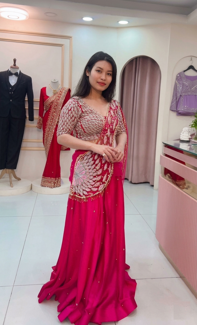 rani pink moti crep ready to wear saree