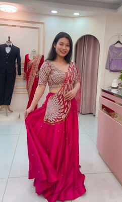 rani pink moti crep pre draped saree 2