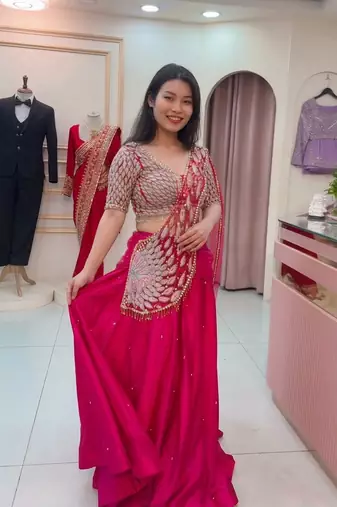 rani pink moti crep pre draped saree