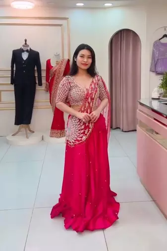 rani pink moti crep pre draped saree