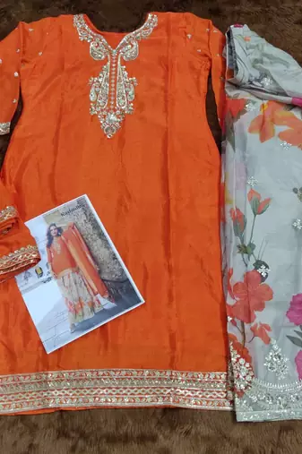 Orange heavy chinon silk palazzo suit with sequin 