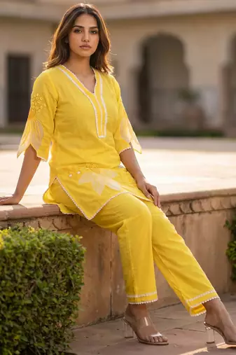 Yellow embroidered rayon kurta and pant set