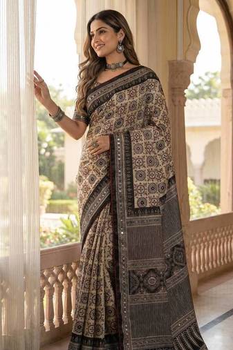 Cream And Black Color ajarakh Print And All Saree Real Mirror work Silk Saree