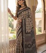 Cream And Black Color ajarakh Print And All Saree Real Mirror work Silk Saree