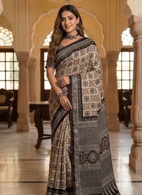 Cream And Black Color ajarakh Print And All Saree Real Mirror work Silk Saree 2