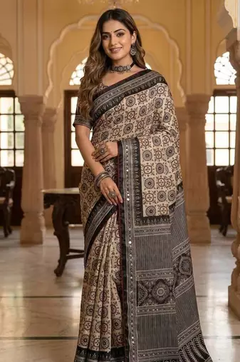 Cream And Black Color ajarakh Print And All Saree Real Mirror work Silk Saree