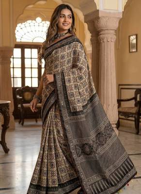 Cream And Black Color ajarakh Print And All Saree Real Mirror work Silk Saree 3