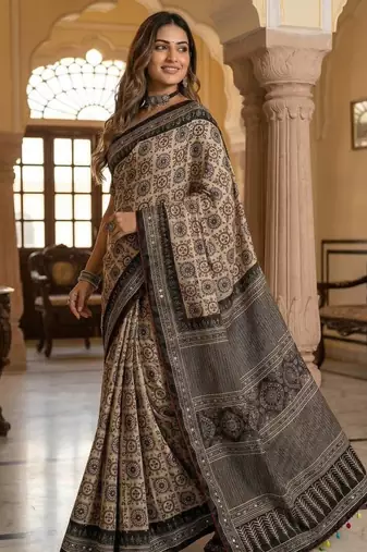 Cream And Black Color ajarakh Print And All Saree Real Mirror work Silk Saree